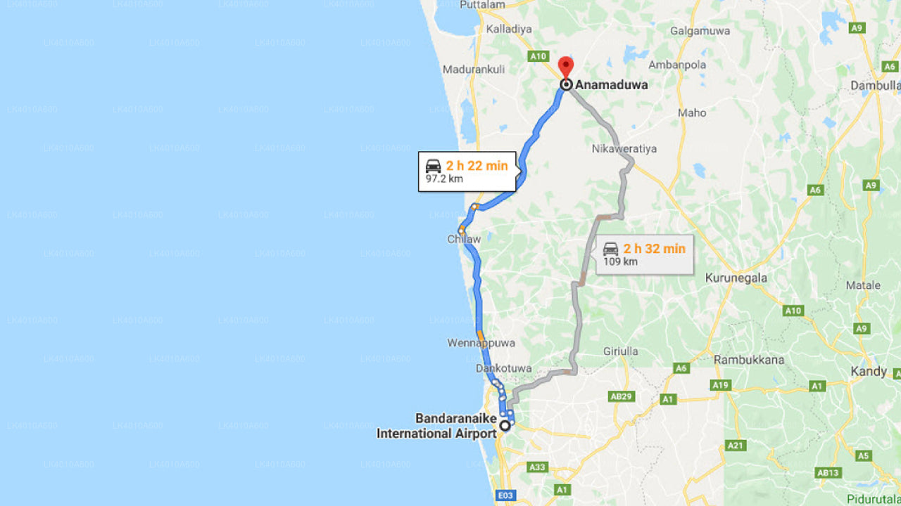 Colombo Airport (CMB) to Anamaduwa City Private Transfer