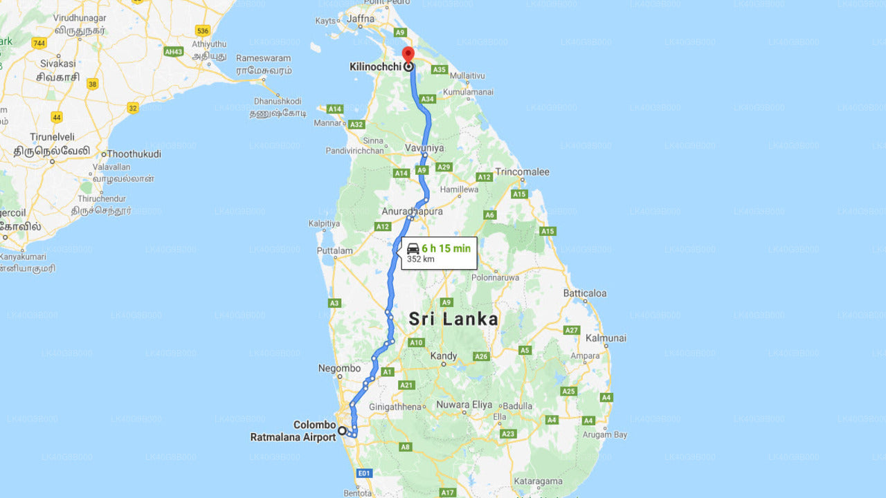 Ratmalana (RML) Airport to Kilinochchi City Private Transfer