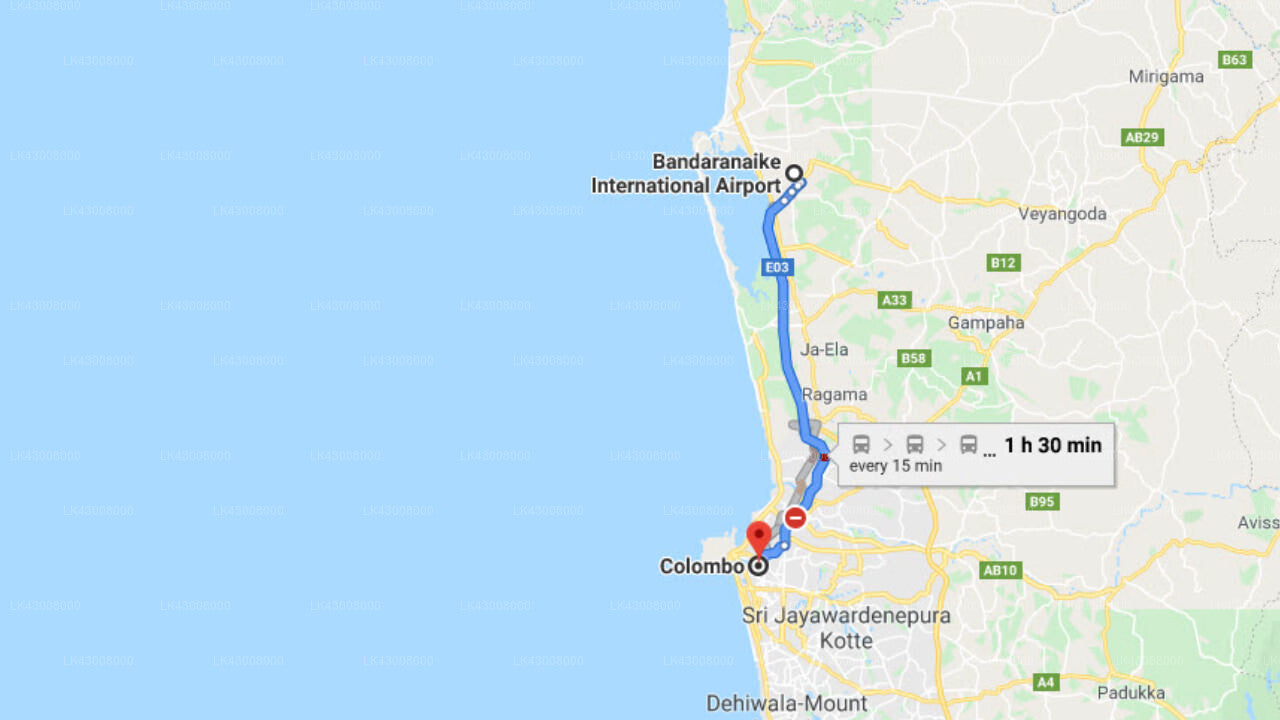 Transfer between Colombo (CMB) Airport and Galle Face Hotel, Colombo