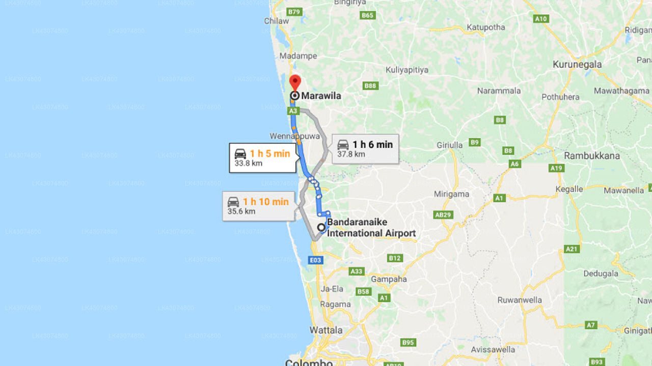 Transfer between Colombo Airport (CMB) and Sanmali Beach Hotel, Marawila