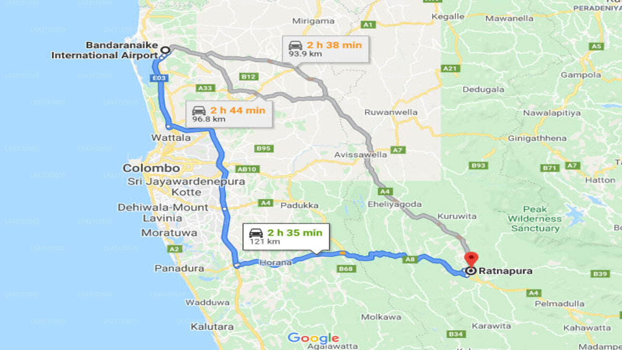 Transfer between Colombo Airport (CMB) and The Nilani Lodge, Ratnapura