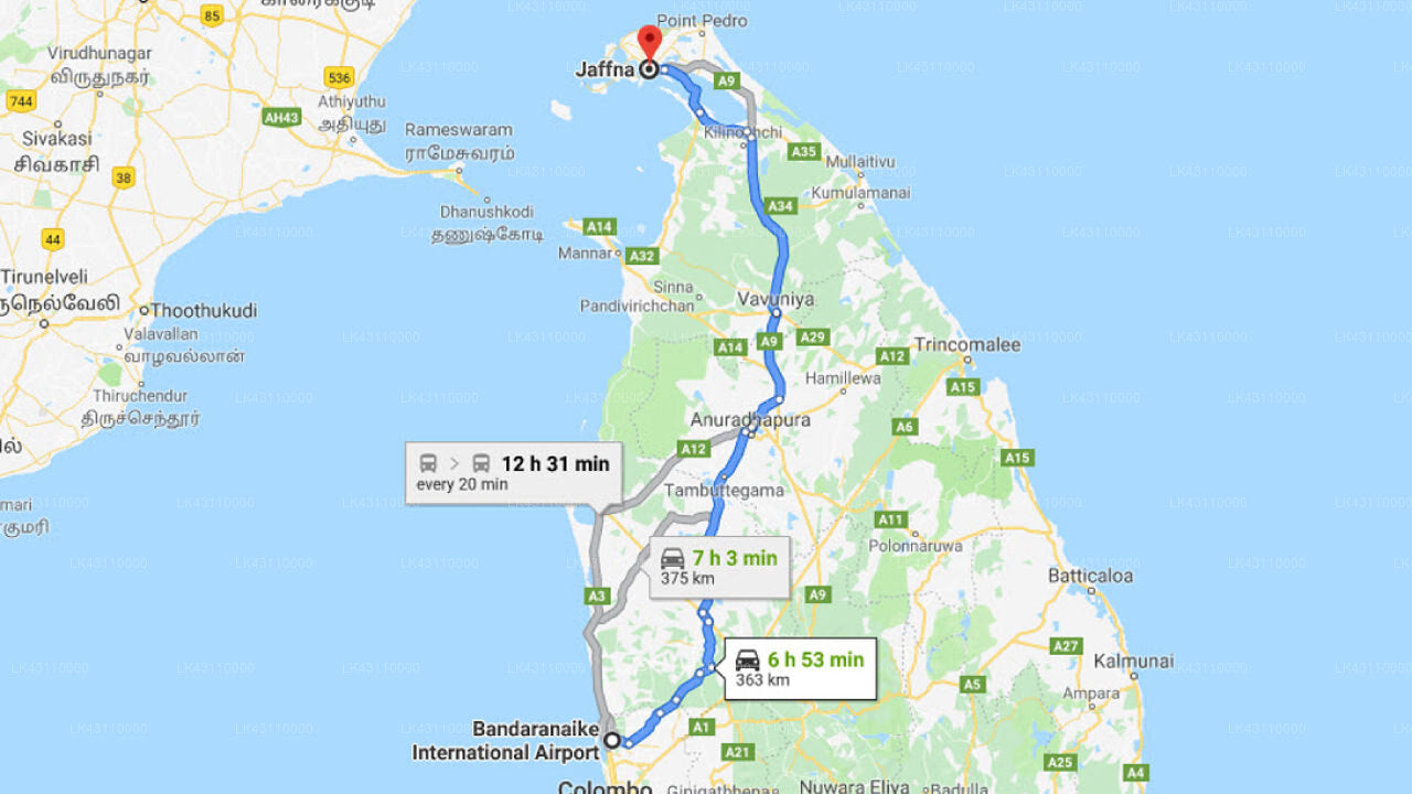 Transfer between Colombo Airport (CMB) and Green Inn Restaurant, Jaffna