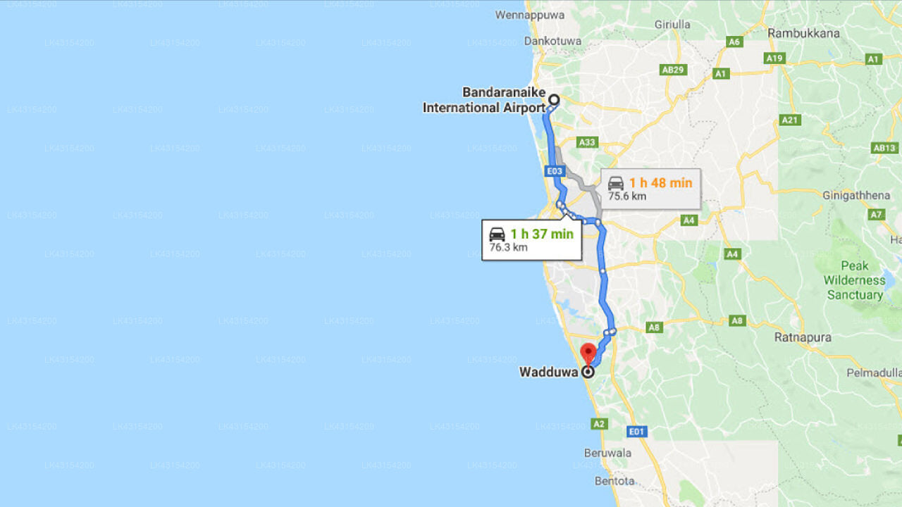 Transfer between Colombo Airport (CMB) and Wild Sands, Wadduwa