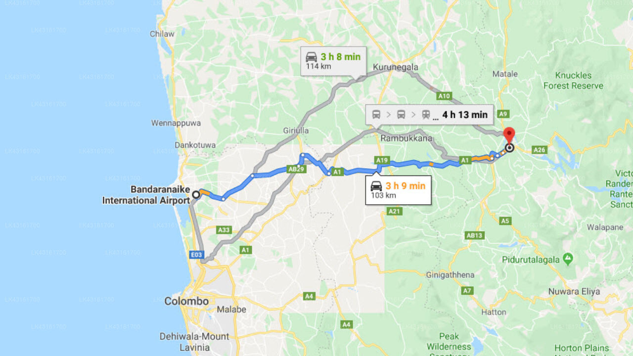 Transfer between Colombo Airport (CMB) and Hotel Country Garden, Kandy