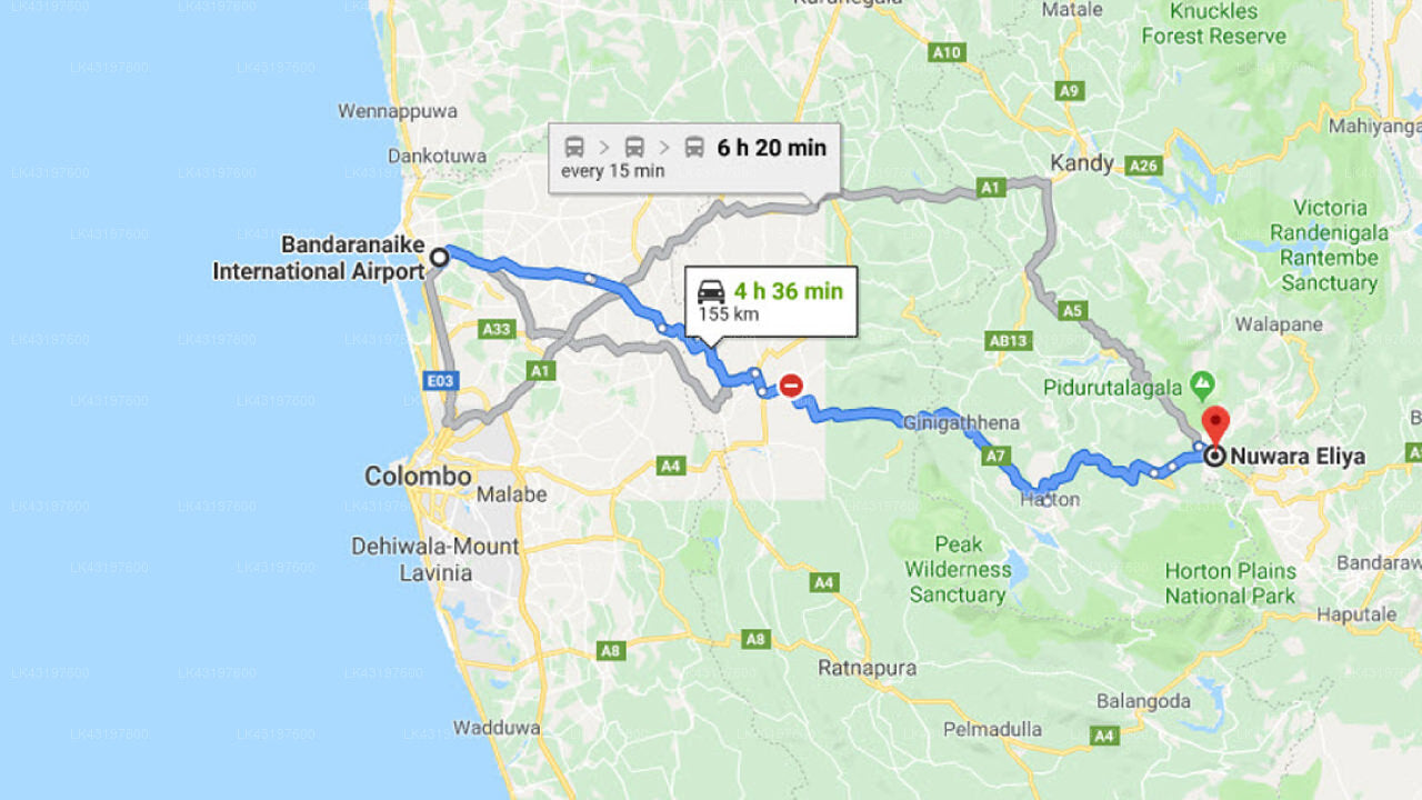 Transfer between Colombo Airport (CMB) and Shanbe Hills Hotel, Nuwara Eliya