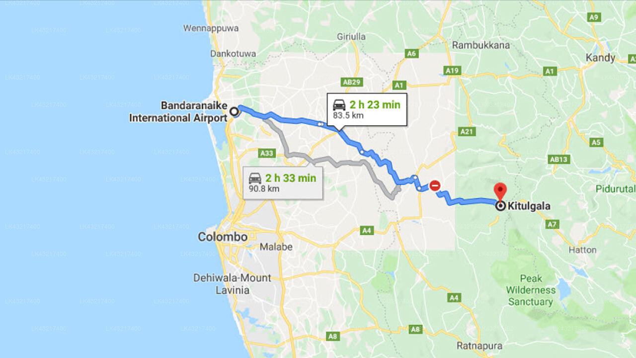 Transfer between Colombo Airport (CMB) and Palm Stone Retreat, Kitulgala