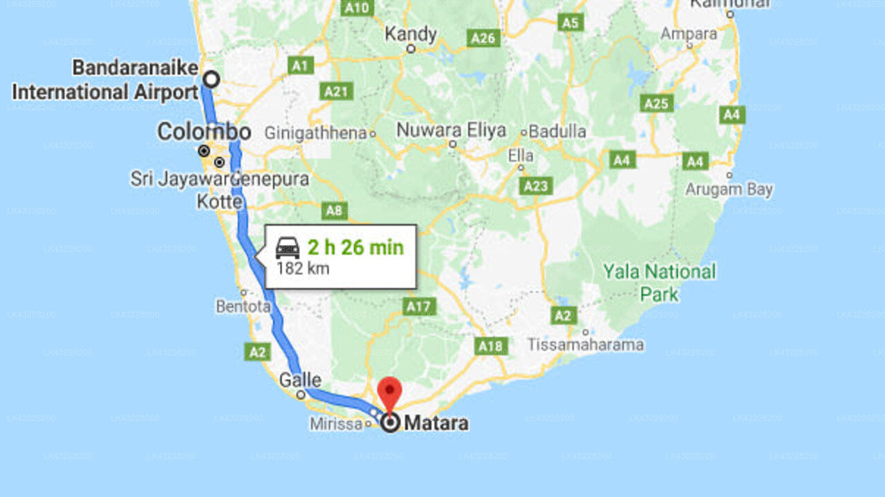 Transfer between Colombo Airport (CMB) and Skye House, Matara