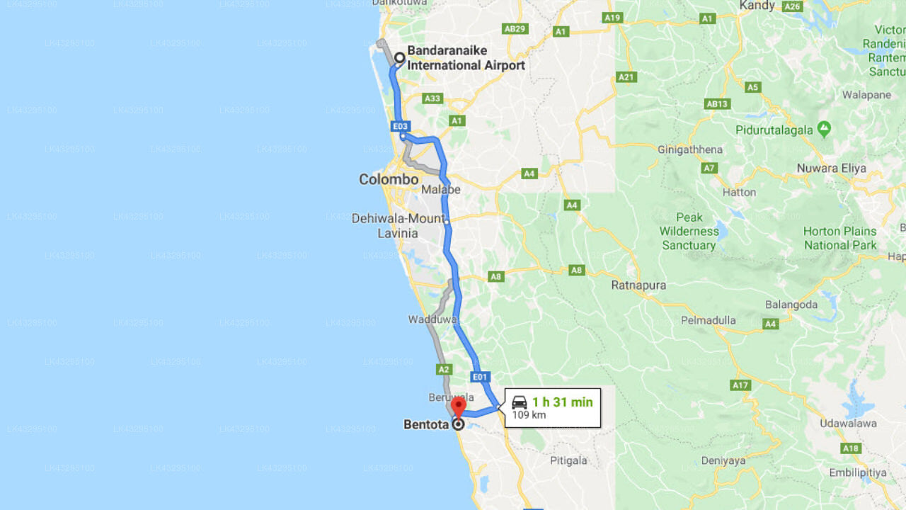 Transfer between Colombo Airport (CMB) and Temple Tree Resort and Spa, Bentota